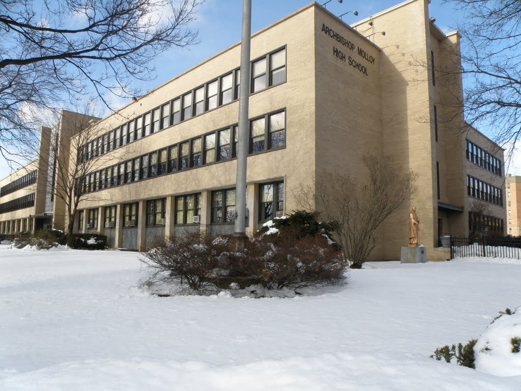 Snow covers the Archbishop Molloy high school besides the road in Briarwood, New York