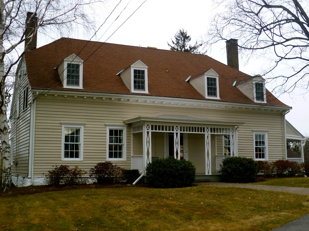 Lewis DuBois house, 1757; brick-lined clapboard, roof with docked gable and flaring eaves, fine interior paneling