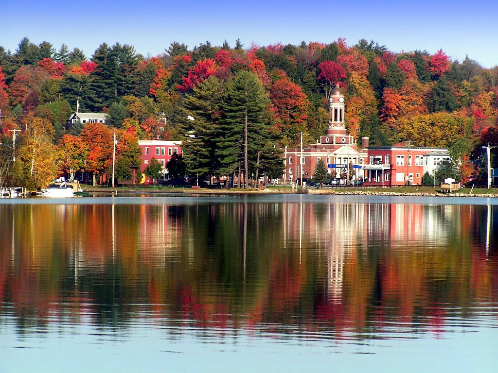 Saranac Lake, NY, town hall from Lake Flower, oct 8, 2004