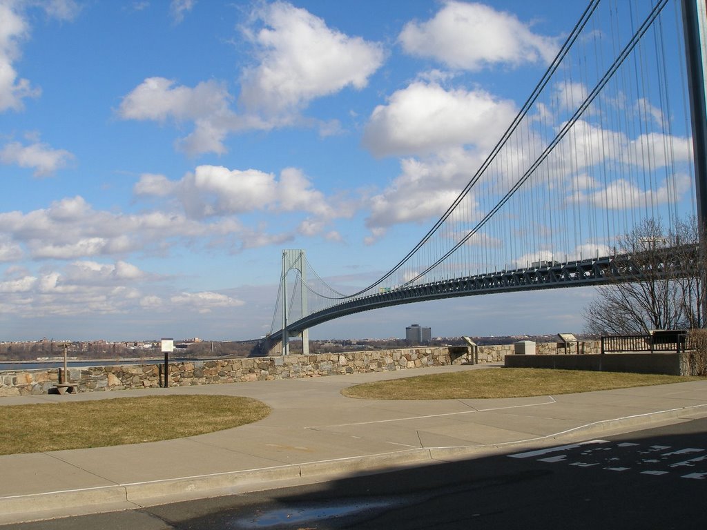 The Verrazano Narrows Bridge connects two of New York Citys five boroughs - Staten Island with Brooklyn.  It is one of the worlds longest suspension bridges.  View from Staten Island looking towards Brooklyn. February 7, 2008