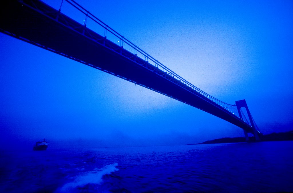 Container Ship under Verrazano-Narrows Bridge at Dawn