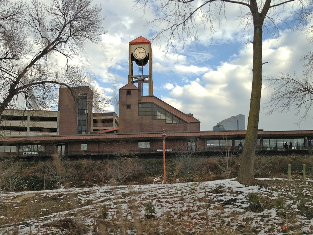 White Plains train station clocktower from Bronx River Parkway N.