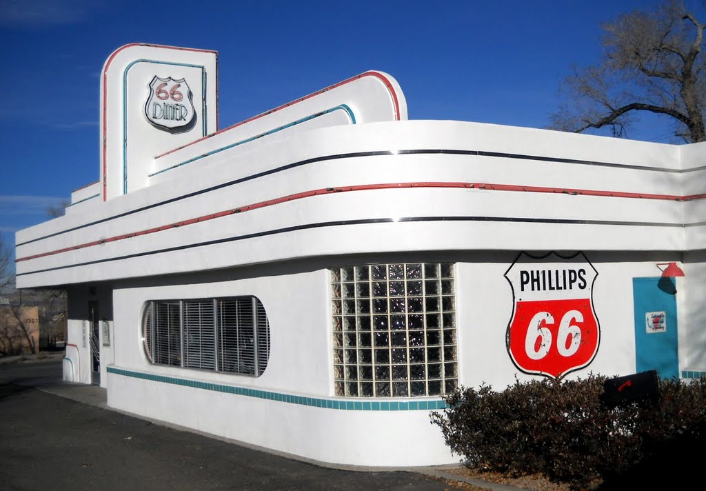 former Phillips 66 gas station, now 66 Diner, Historic Route 66, 1405 Central Avenue Northeast, Albuquerque, NM, built 1946. Converted to 66 Diner in 1987. Burned down in 1995. Rebuilt 1996.