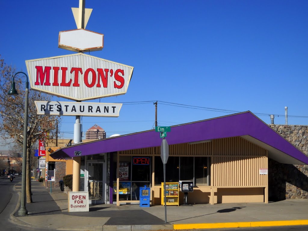 former Dennys Restaurant, now Miltons Restaurant, Central Ave, Historic Route 66, Albuquerque, NM, built in 1964. Style: Googie
