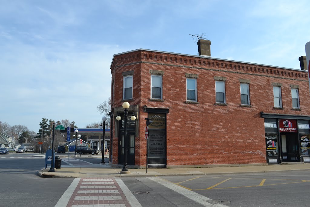 Angled building on the corner.