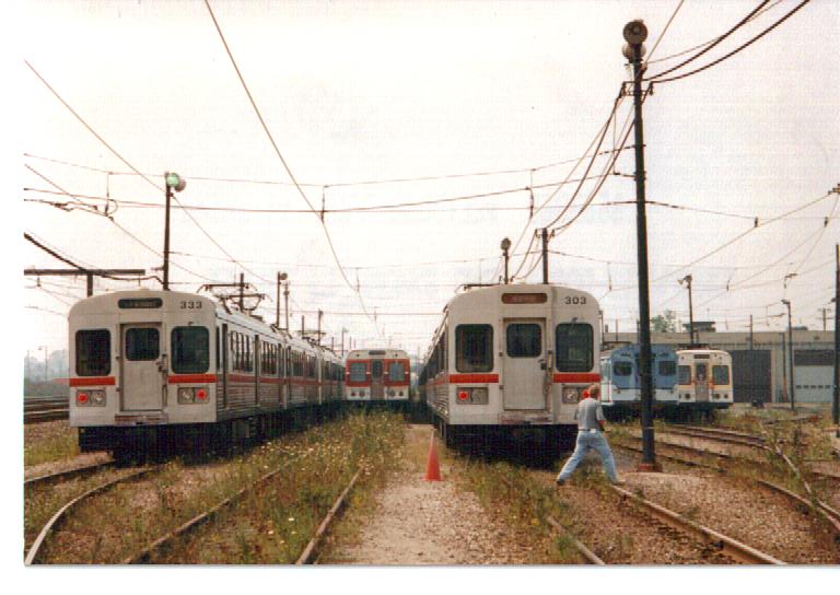 three generations of Cleveland Red Line Rapid Transit cars (l to r) Tokyu, Pullman "Airporter", Tokyu, St. Louis "Blue Bird", Pullman "Airporter"