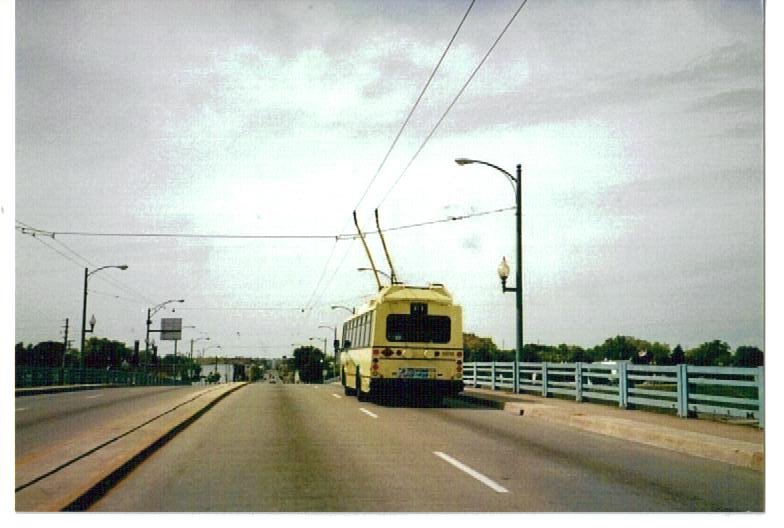 trolleybus crossing Great Miami River, Dayton, Ohio