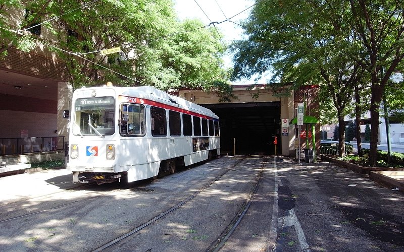 SEPTA trolley (Route 10) going up to the ground surface