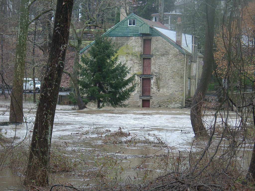 Pennypack Creek (foreground R to L) Floods Fetters Mill - Huntingdon Valley, PA - December 11, 2003