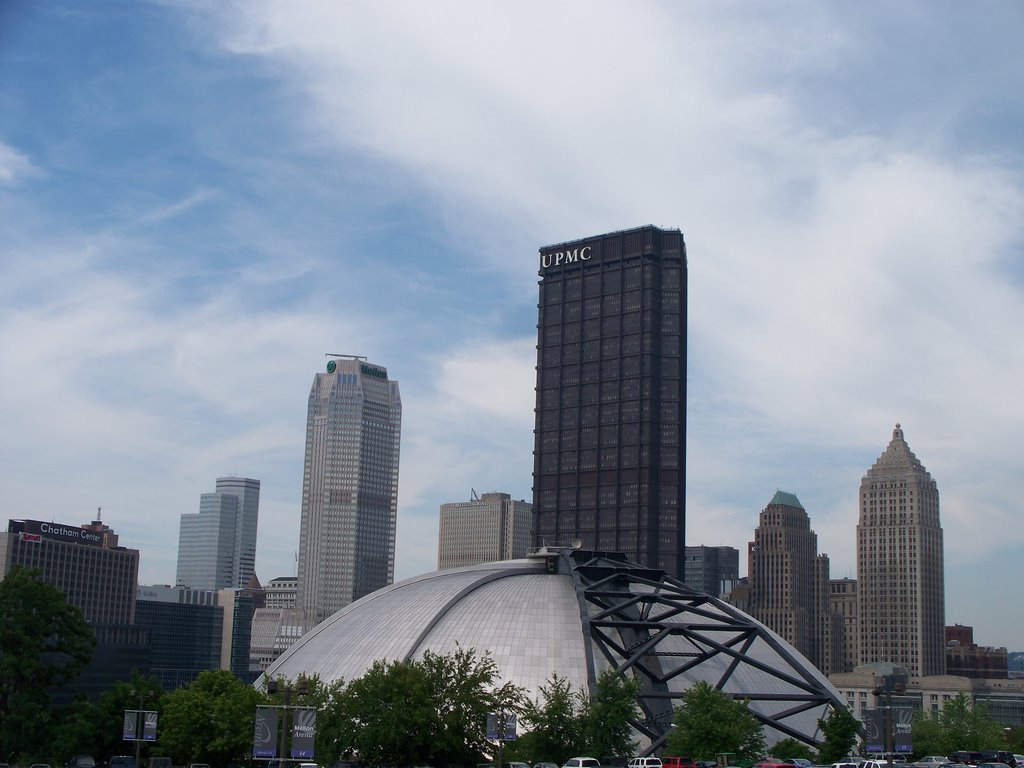 Mellon Arena behind skyline of Pittsburgh