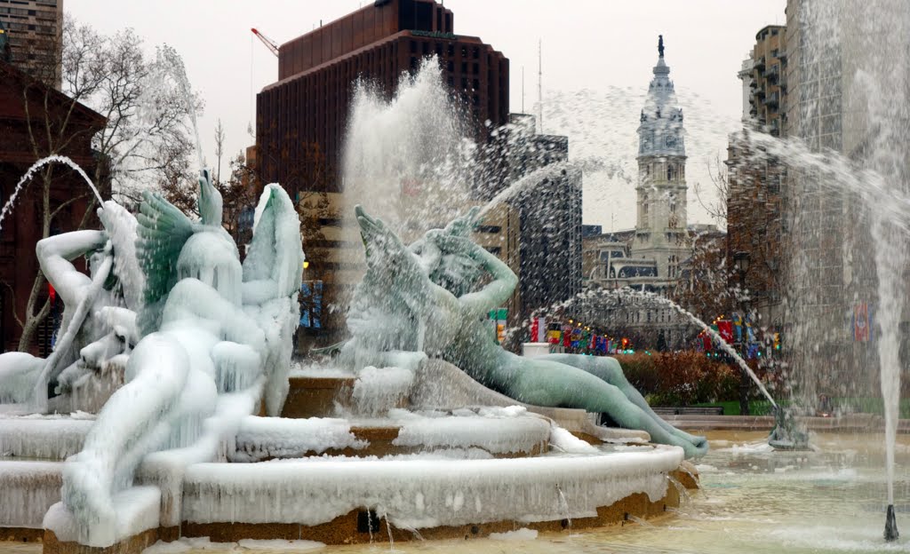 Swan Fountain on Logan Circle is all iced up.
