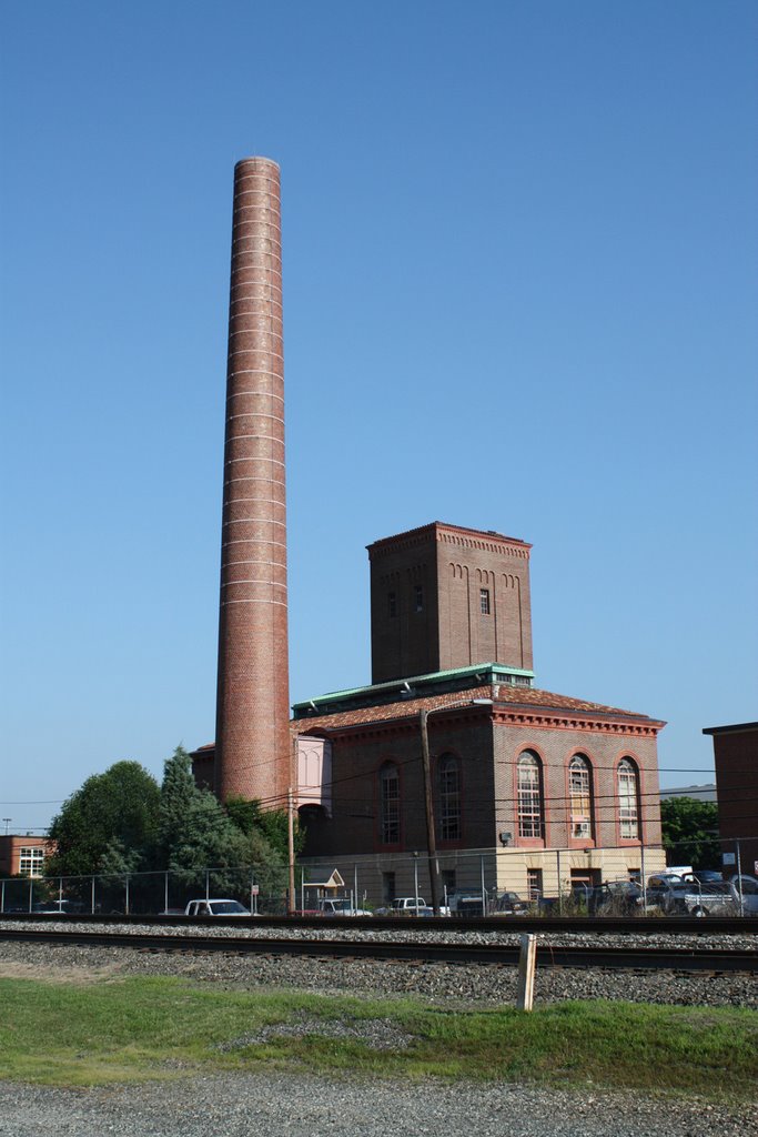 Brick building and smoke stack