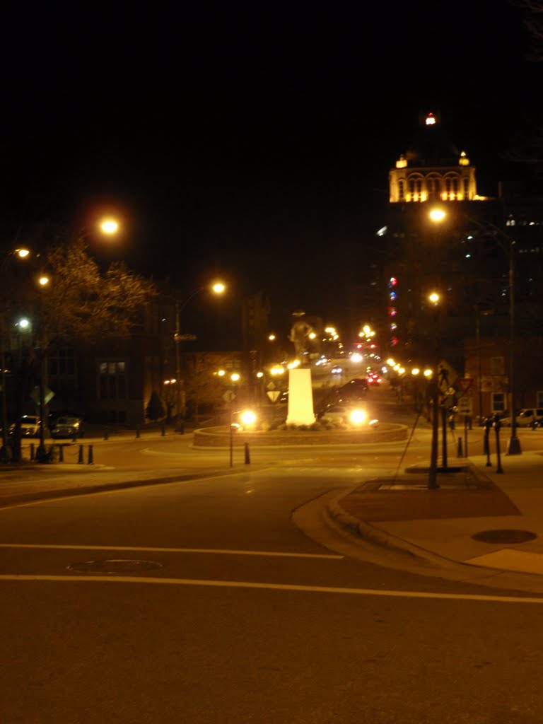 Nathanael Greene statue in new traffic circle and downtown Greensboro backdrop at night, 1-13-10