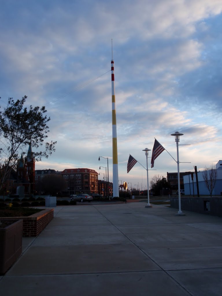 the tower from the Star Gate sculpture and American flags in the setting sun on a winter afternoon, 2-27-10