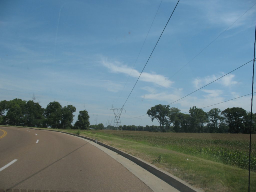 Curved road, straight power lines