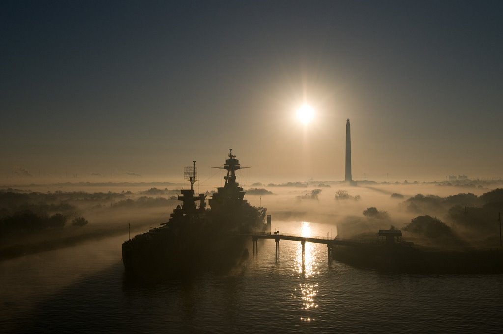Battleship Texas & San Jacinto monument in low morning fog