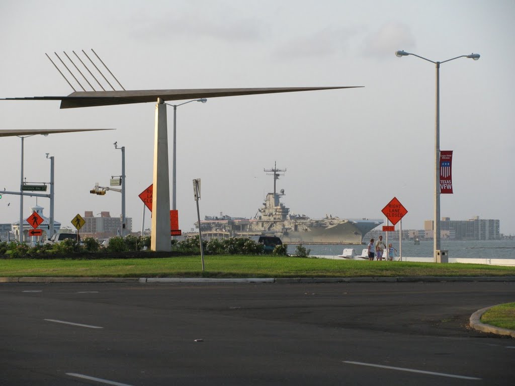 Sculpture (Orions Belt, 1 of 3) and USS Lexington Museum, from Omni Hotel