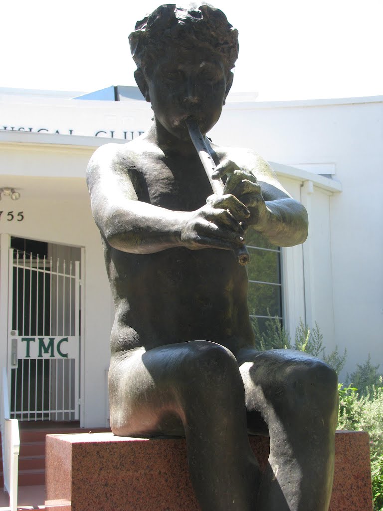 Genius of Music- Pompeo Coppini, 1946. Brackenridge Park  Allegorical, nude figure of child (boy) seated on a red granite base, playing a flute, laurel wreath around head.