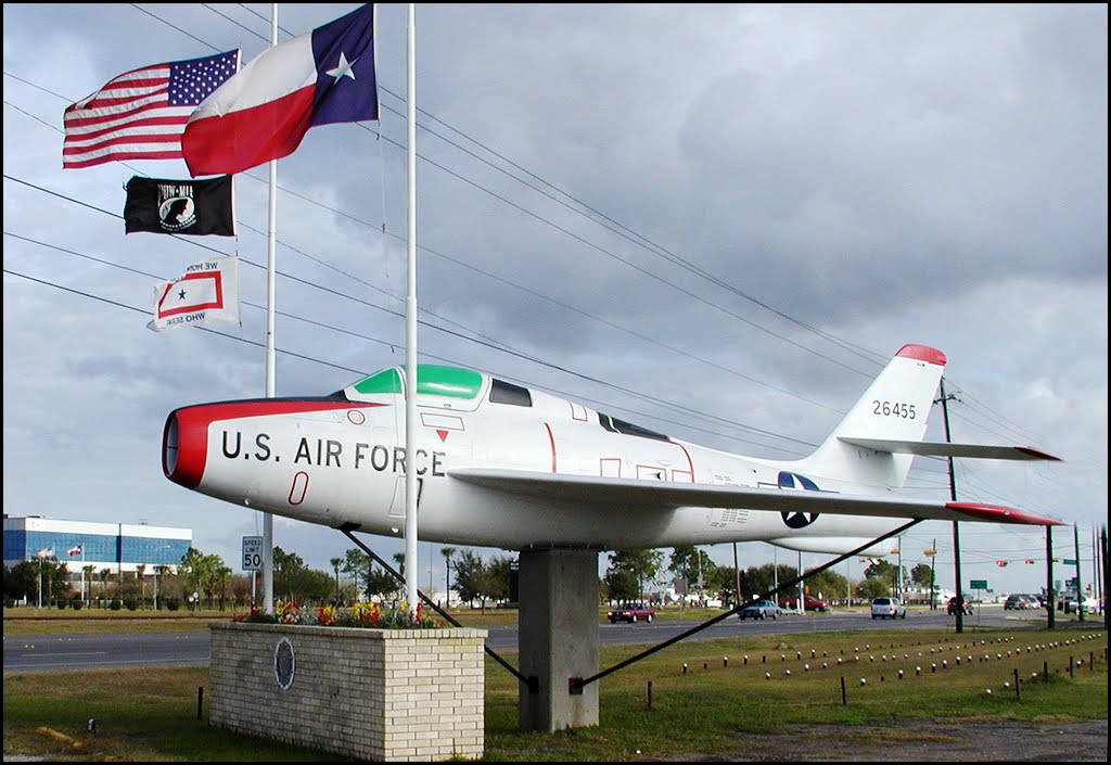An F-84F beside an American Legion post outside Ellington AFB in Houston, Texas