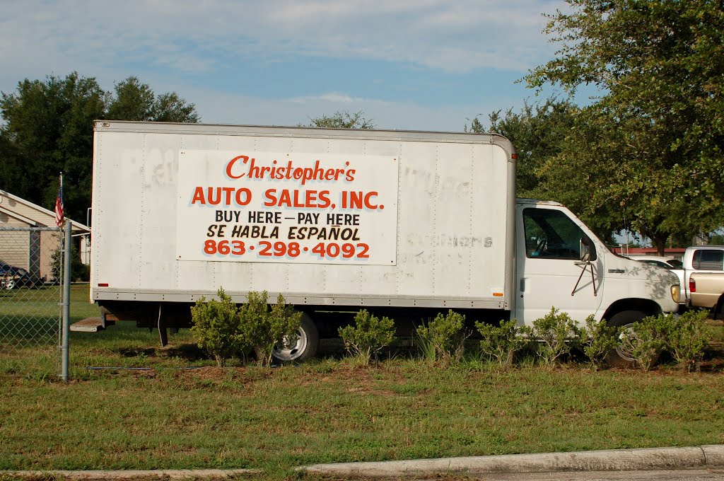 Christophers Auto Sales Sign on a Ford E350 Truck at Eagle Lake, FL
