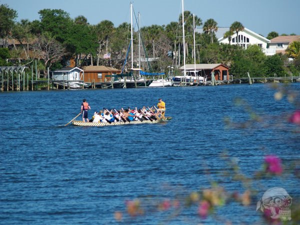 Dragon Boat racers taking a break during practice at the Mathers Bridge