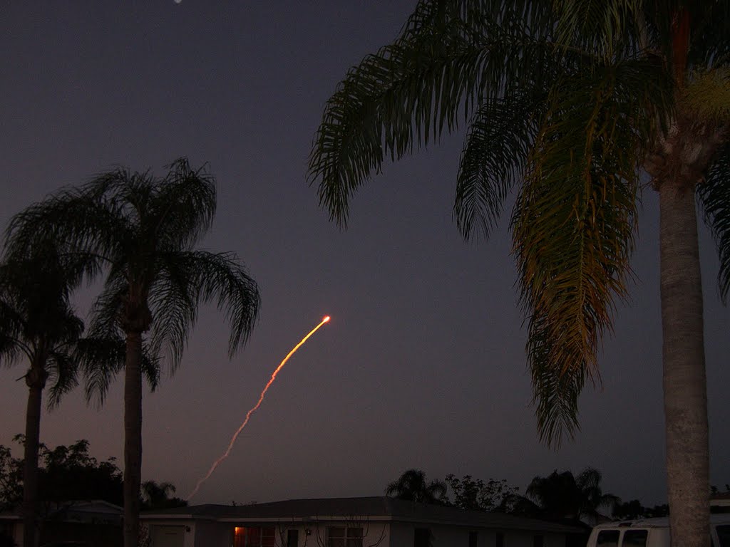 1-Shuttle Launch 3-15-09: Ascending in the Florida sky, showing the giant flame of "the rockets red glare" of the main engines