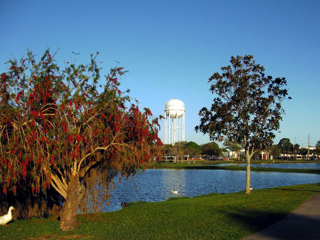 Wells Park, lake and water tower