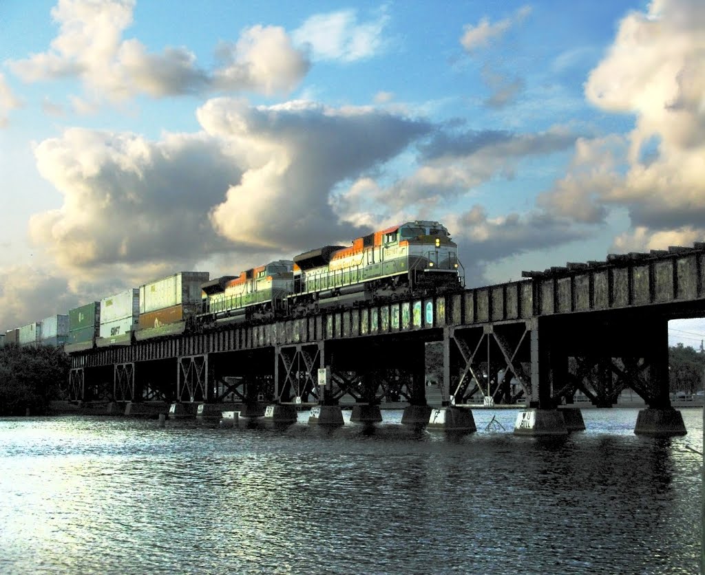 Florida East Coast freight train crossing Crane Creek trestle