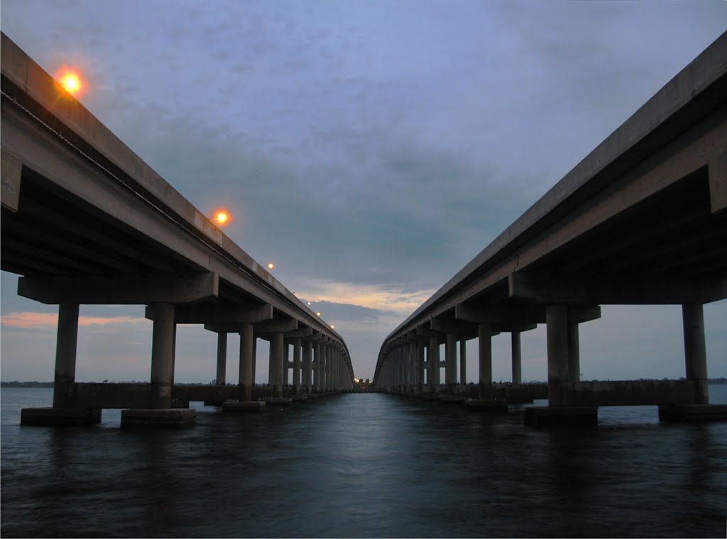 Ernest Kouwen-Hoven Bridge, looking east at sunrise over the Indian River at Melbourne, Florida