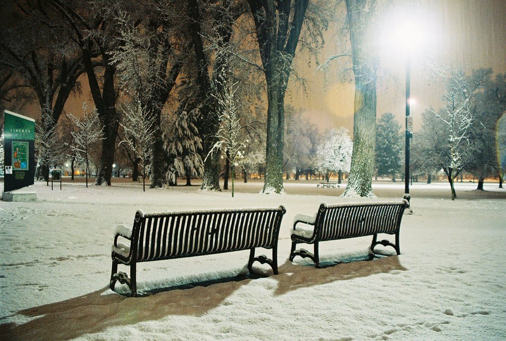 A pair of cold benches at 3 a.m. in Liberty Park.