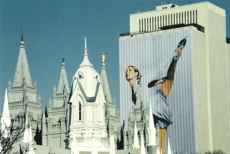 2002 Olympic building wrap with Mormon temple