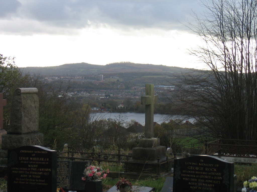 Looking down to the Lodge Farm Reservoir and the Clent Hills from the Church of St. Andrew at Netherton.
