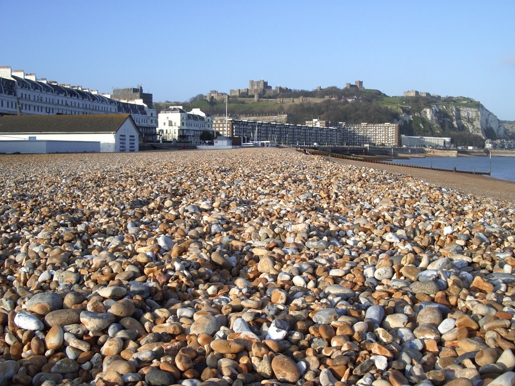 Dover Castle from the Beach, Prince of Wales Pier, Dover Harbour, Kent, UK