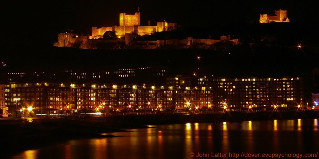 Night Panorama of Dover Castle above Beach, Seafront, and Harbour, Kent, UK