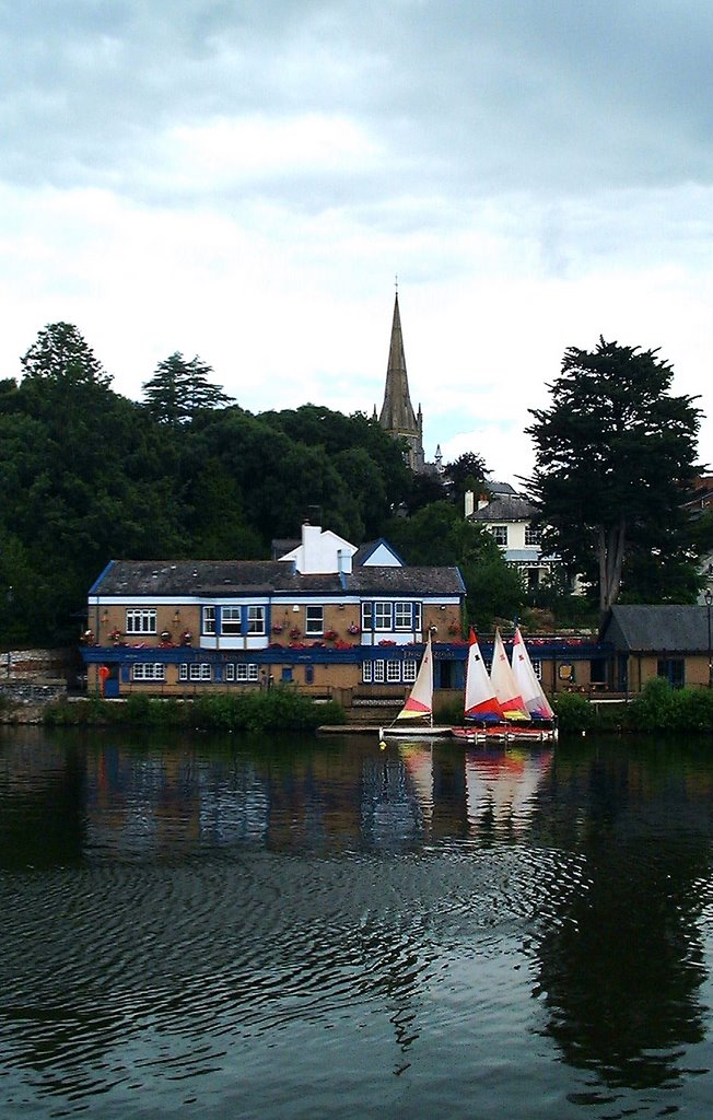 Yachts, pub and church spire on River Exe