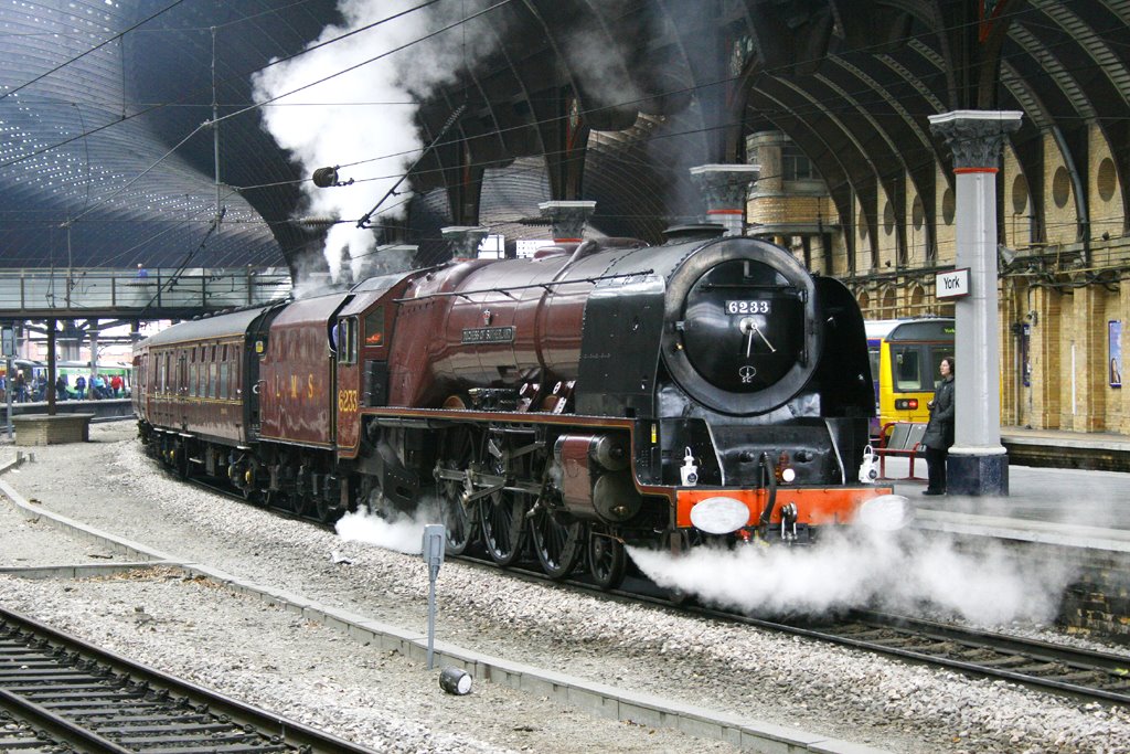 LMS Coronation Class 4-6-2 No.6233 DUCHESS of SUTHERLAND at York on 1Z64 Leicester to Scarborough