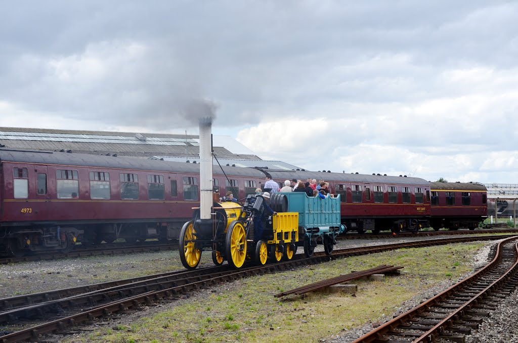 NRM York. Replica of George Stephenson’s Rocket steam locomotive (1829)