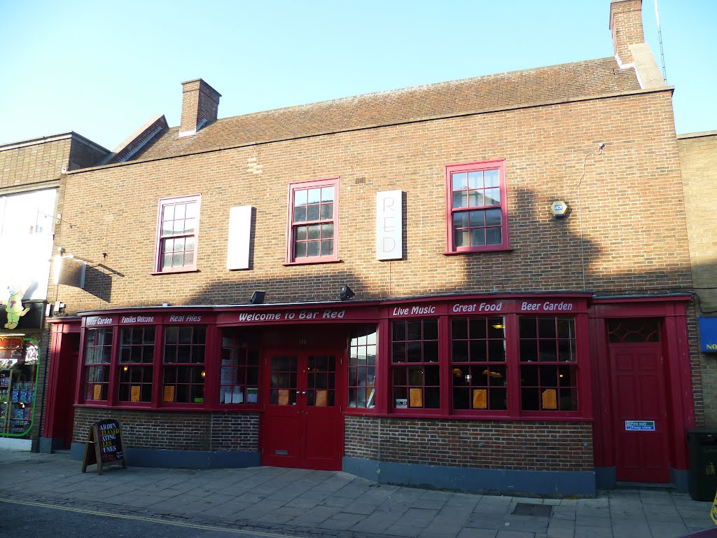 1125. bar-red, one time eagle hotel, in june 1942 42 people died when the eagle recieved a direct hit by heavy bomb. norfolk street, kings lynn, norfolk. feb. 2012.