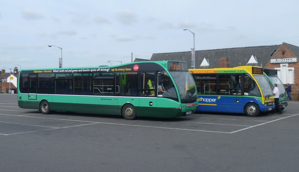 norfolk green, optare versa and two optare solo`s, kings lynn bus station, kings lynn, norfolk. june 2012.