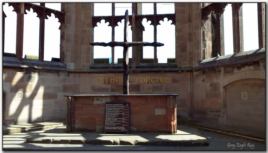 Father Forgive-The cross is made from the charred medieval roof timbers of Coventry Cathedral