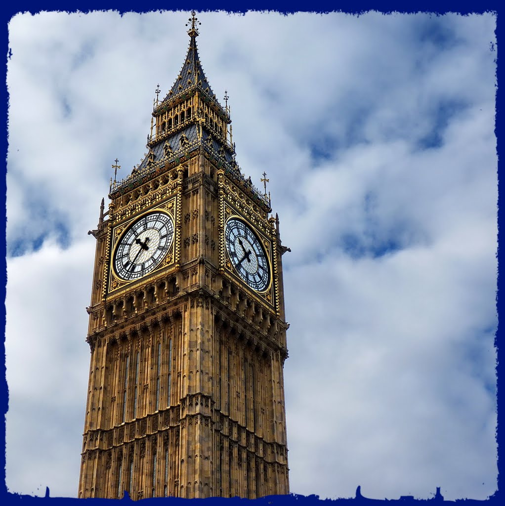 The clock tower of the British Parliament (with its largest bell inside called "Big Ben")