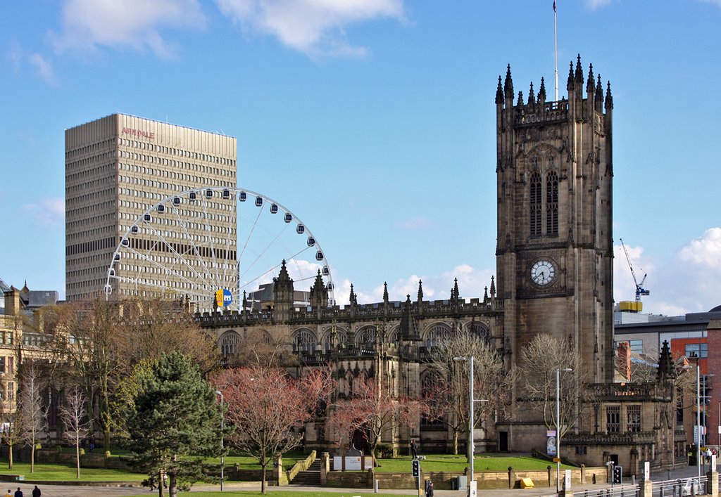Manchester Cathedral with new city elements in the background