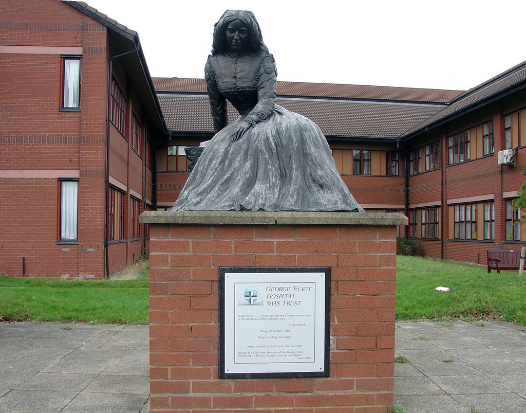 GEORGE ELIOT statue, placed in front of George Eliot Hospital.  Mary Ann (Marian) Evans (22 November 1819 – 22 December 1880), better known by her pen name George Eliot, was an English novelist. She was one of the leading writers of the Victorian era. Her