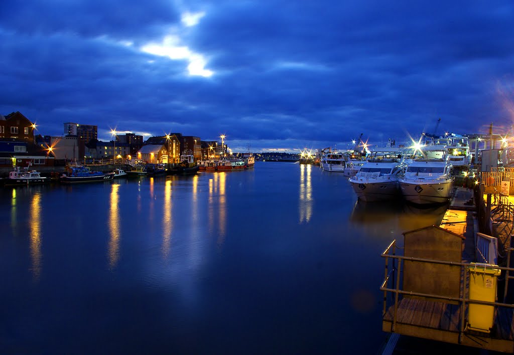 Poole Quay from the bridge at dawn