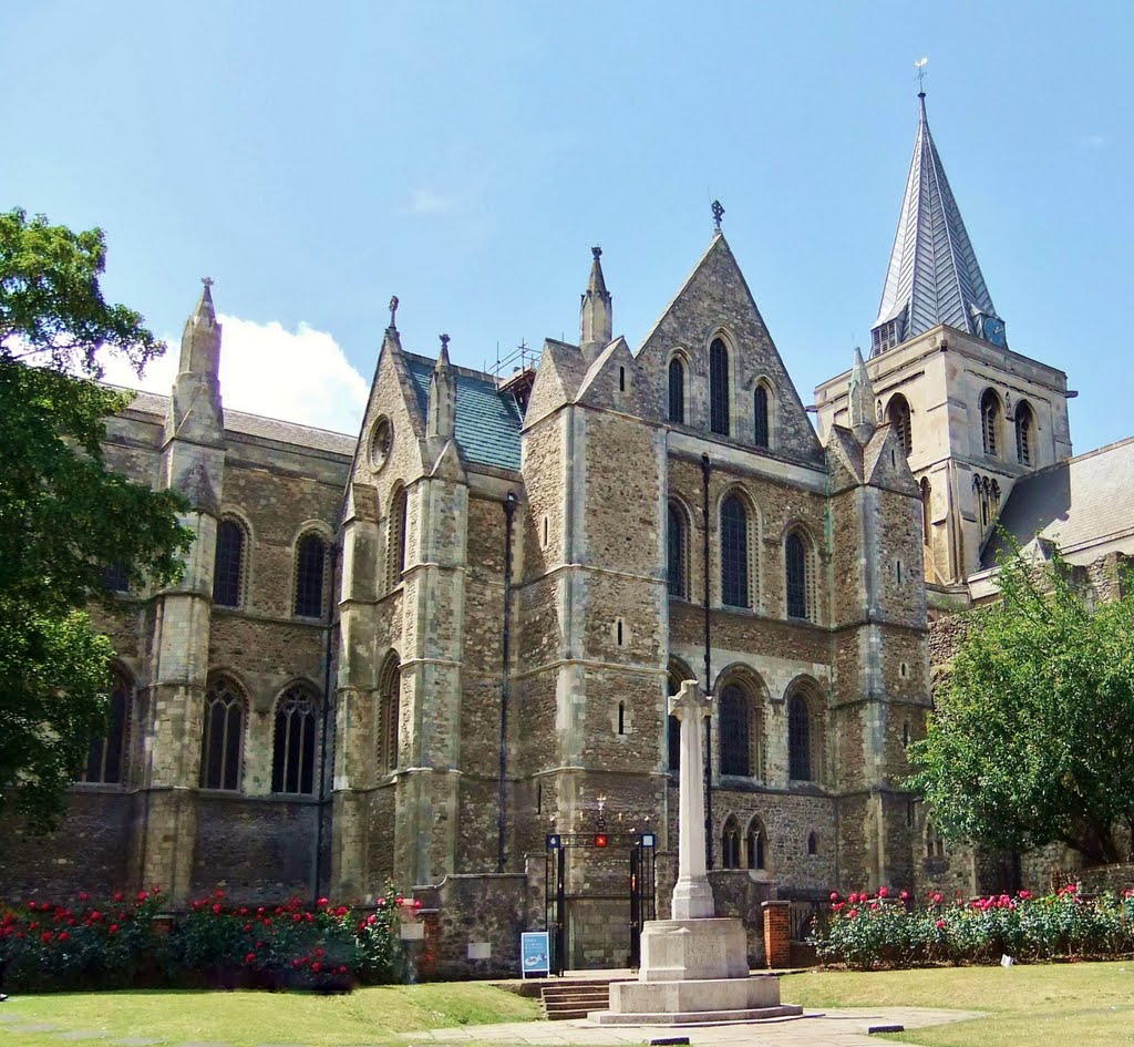Rochester Cathedral from the High Street, Rochester, Kent, UK.
