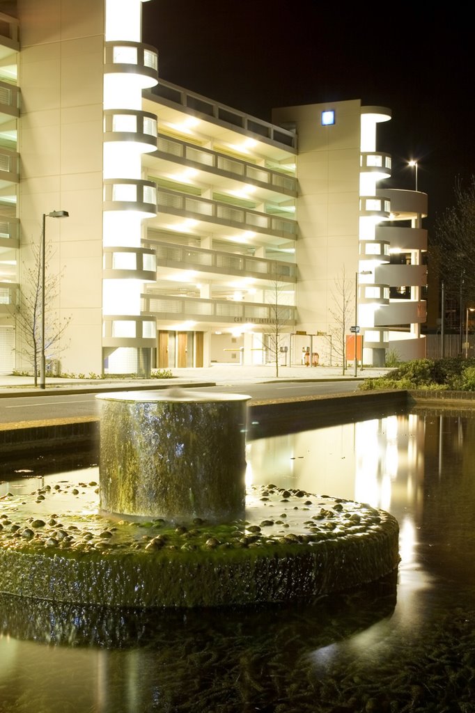 Fountain and Car Park at night