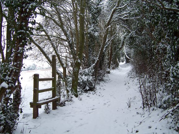 Snow on stile, Leominster river meadows