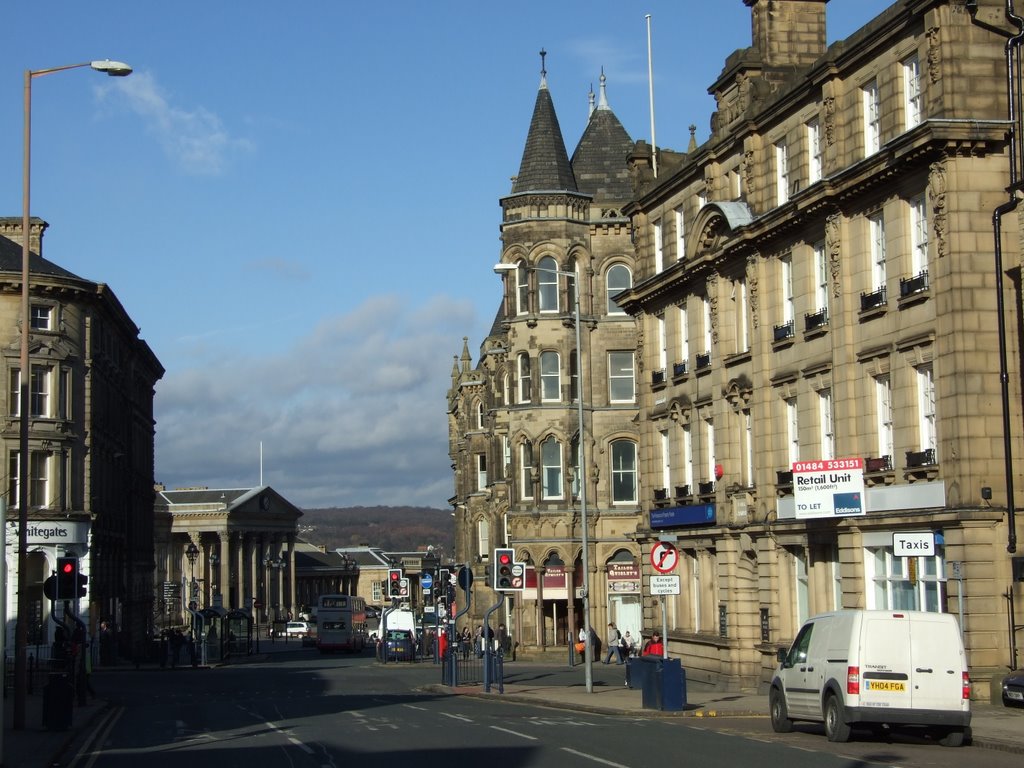 Railway station and Estate Offices from Market Street, Huddersfield