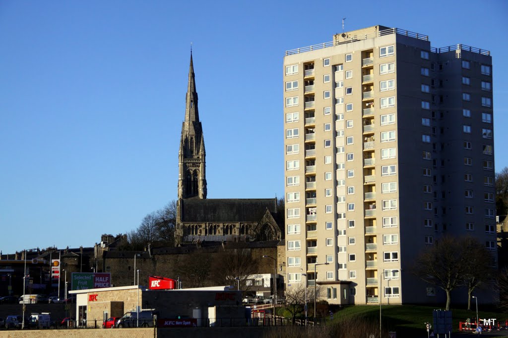 All Souls Church by Sir George Gilbert Scott on Haley Hill + KFC - Kentucky Fried Chicken, Halifax, UK - (MT)