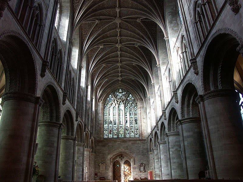Vault above the nave inside Hereford Cathedral, Hereford, Herefordshire, England